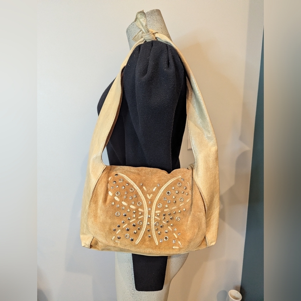 Y2K Arcadia Italy Leather vintage hobo bag gold with butterfly embossing. Rare! - Picture 7 of 15